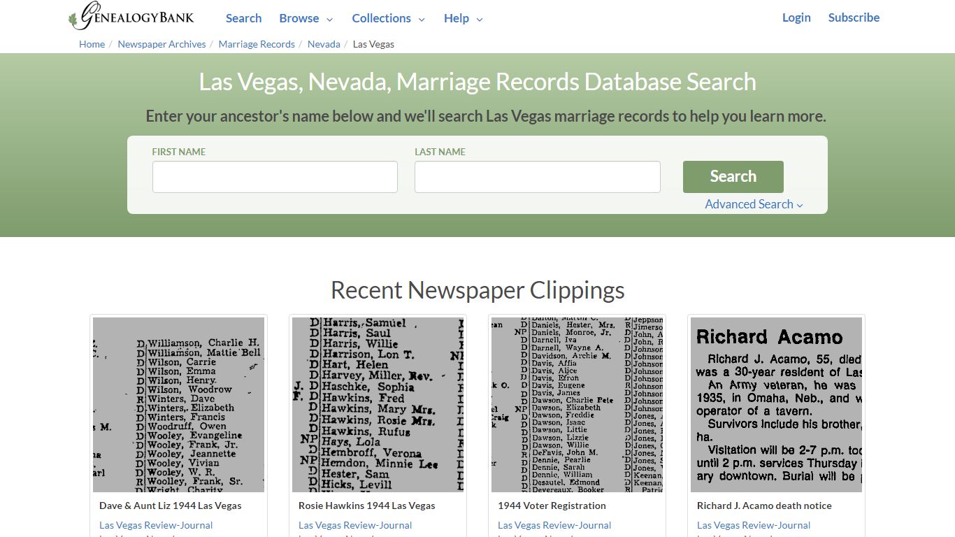 Las Vegas, Nevada, Marriage Records Online Search - NewsBank